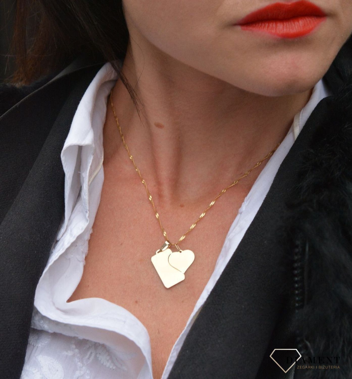 Złota zawieszka łamana dla dwojga serce z nieśmiertelnikiem ZA 2719.jpg